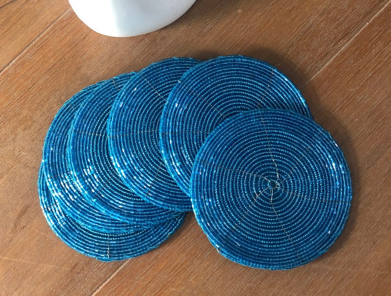 Master Piece Crafts Turquoise Coasters, Set of 6, Handmade Beaded Coasters, Decorative Coasters, Gift for her, Housewarming present, ready to ship, 4 inches