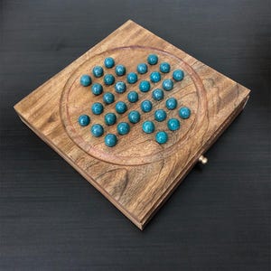 Wooden Handmade Solitaire Board with Marble Game Set, Winter Holiday Indoor Brain Game Set with 33 Glass Balls Pegs, New Year Day Gift Set