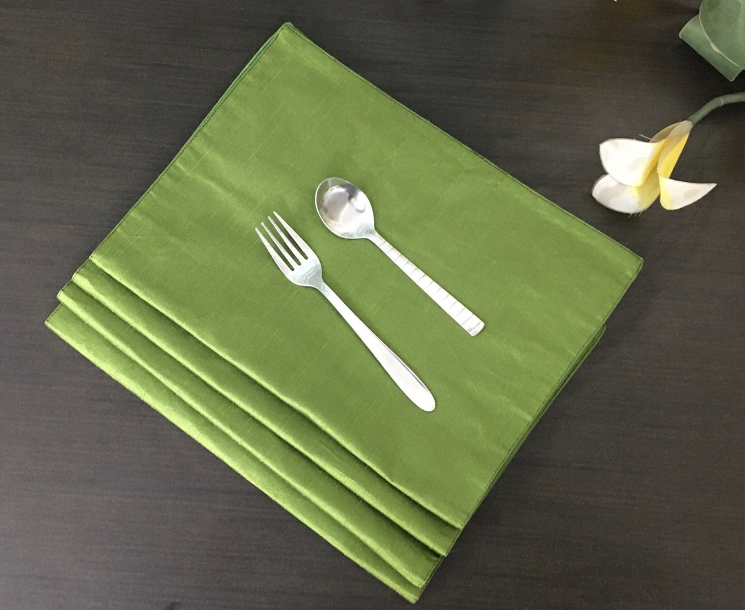 Olive Green Placemats, Set of 4, Handmade Dupioni Silk Mats, Decorative Placemats, Housewarming