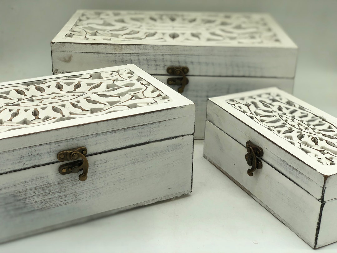 Handmade Hand Carved Wooden Set of 3 Box, Floral Motifs White