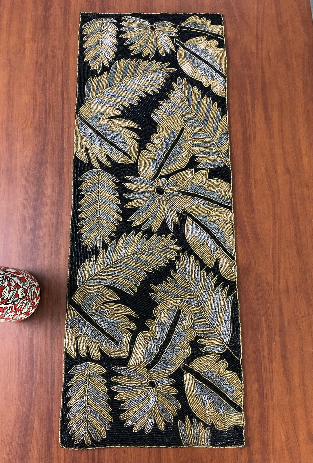 Handmade Beaded Table Runner: Black & Gold Festive Decor (13 X 36 ...