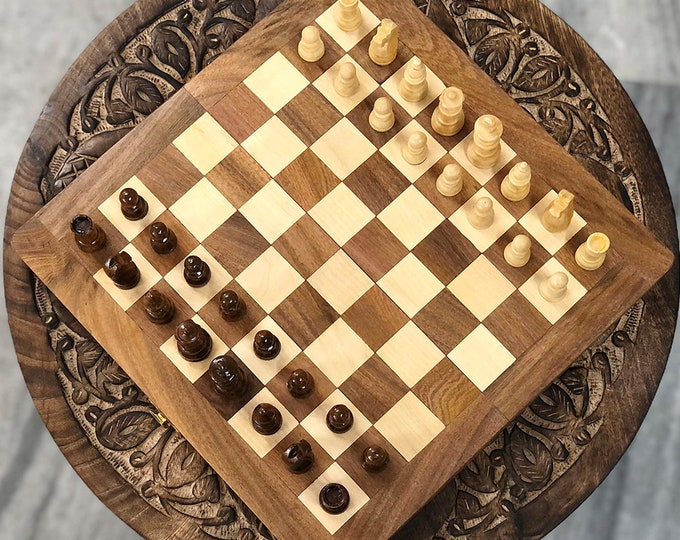 Handmade Wooden Travel Chess Set: Folding Storage, 12" Board
