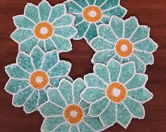 Turquoise Beaded Floral Coasters, Handmade Beaded Coasters, Decorative Coasters, Christmas Gift, Housewarming Gift Set, Set of 6, 5 Inches