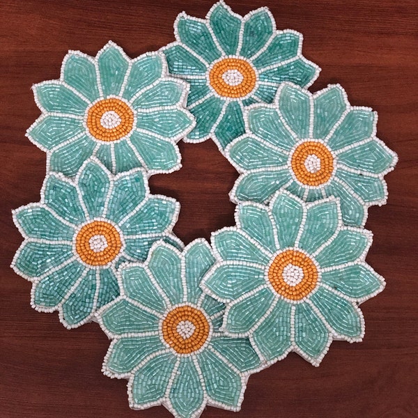 Turquoise Beaded Floral Coasters, Handmade Beaded Coasters, Decorative Coasters, Christmas Gift, Housewarming Gift Set, Set of 6, 5 Inches