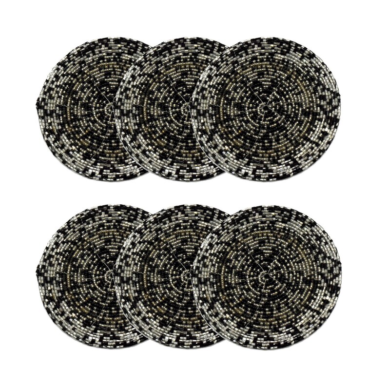 Master Piece Crafts Set of 6 Black & White Beaded 4" Coasters, Handmade Beaded Coasters, Decorative Coasters, Gift for her, Housewarming present, ready to ship