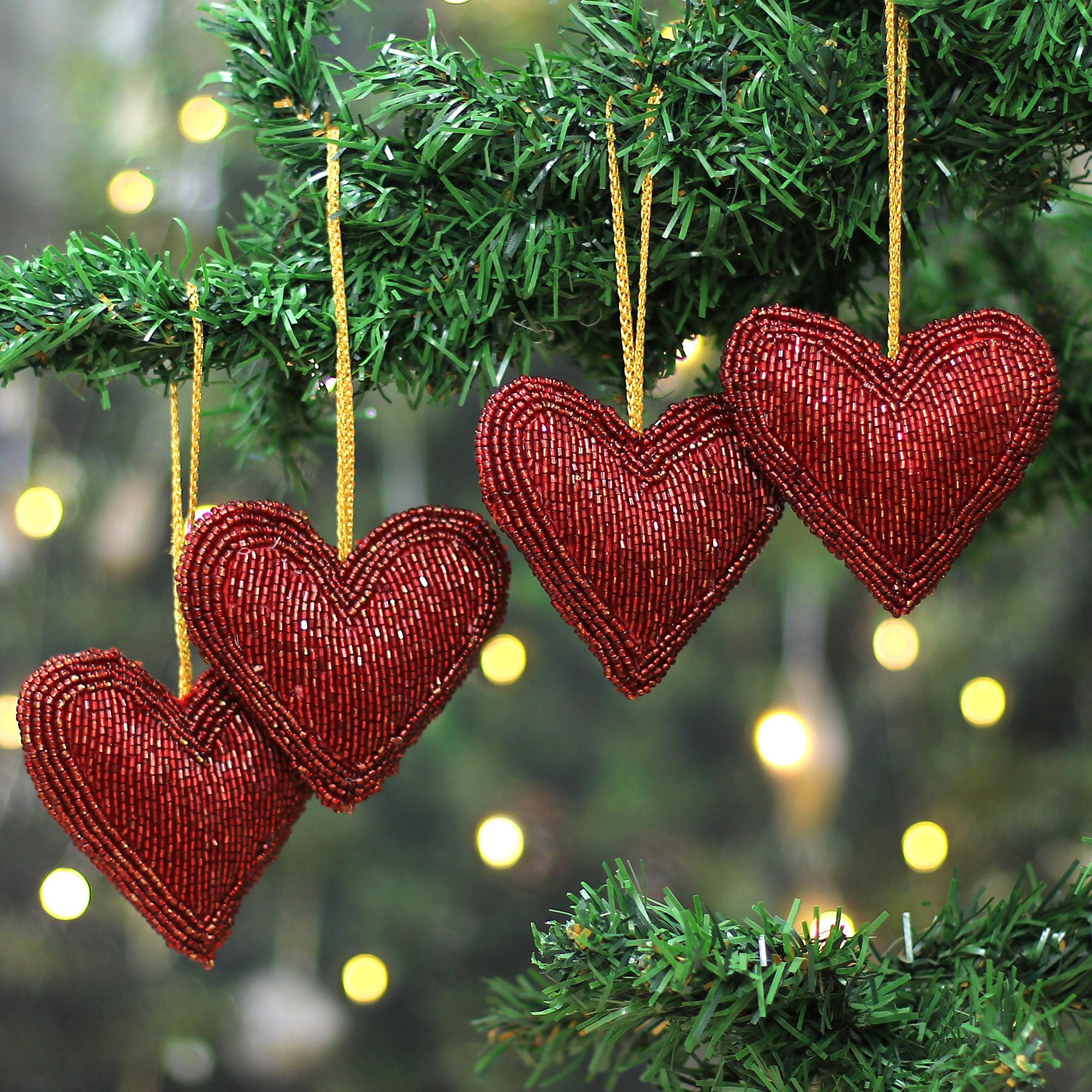 Red Beaded Heart Christmas Ornament Set: Handmade Holiday Xmas