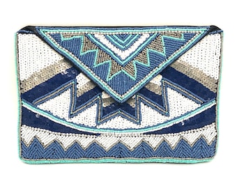 Bolso de mano de noche con cuentas en color turquesa y blanco, bolso de mano para boda, bolso de mano para fiesta, bolsos de moda, regalo para ella, bolso de mano formal, bolso de mano para regalo