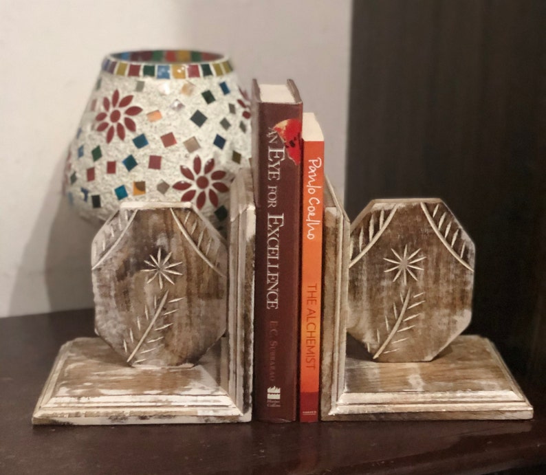 Master Piece Crafts Wooden Bookends, Floral Bookends, Wood Carved, Office and Home decor, Book holder, Antique distressed finish, Shelf decor, Ready to Ship