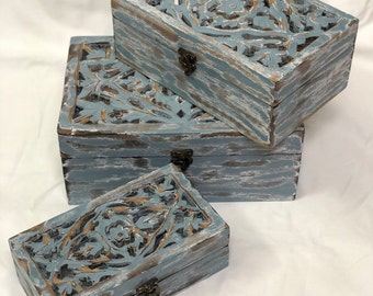 Handmade Hand Carved Wooden Set of 3 Box, Floral Motif Blue Rustic Distressed Decorative Storage Box, Nesting Boxes, Gift Box, Keepsake Box