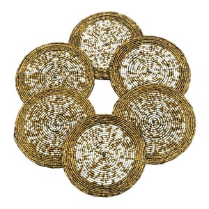 Dark Gold and White Coasters, Set of 6, Handmade Beaded Coasters, Decorative Cup Coasters, Gift for her, Housewarming present, ready to ship
