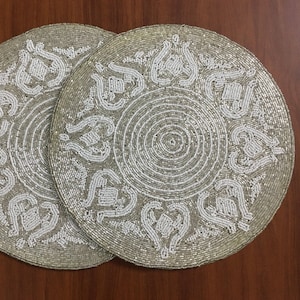 Handmade Beaded Placemats: Silver White Tropical Leaf Charger (14&quot;)