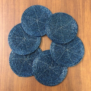 Handmade Navy Blue Beaded Coasters - Set of 6 - Indian Artisan Decor