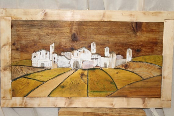 Quadro in legno 3D paesaggio di campagna con cornice -  Italia