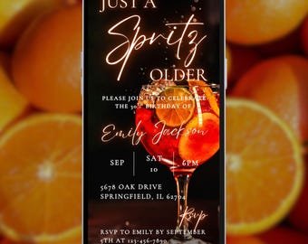 Just a spritz older birthday digital invitation, cocktails dinner video evite, editable template, A47