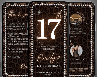 Cheetah 17th birthday digital invitation, girls night out video evite, Canva editable template, A64