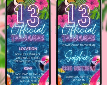 Girls 13th birthday pool party invite luau tropical summer teenage swim thirteen bday invitation teen swimming kid editable video evite A159