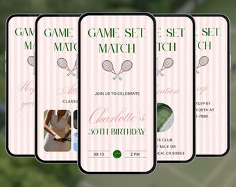 Tennis theme birthday party invitation. Girls women digital game invite. Video evite template. A86