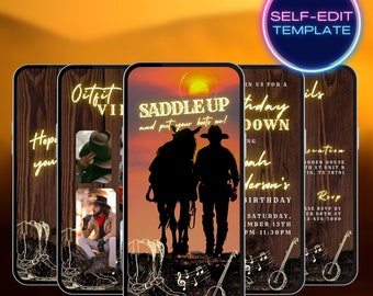Video de invitación digital para fiesta campestre de cumpleaños con temática vaquera, invitación digital para hombres vaqueros, plantilla editable, A244