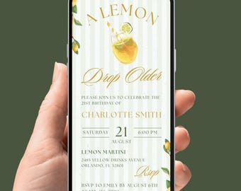 Lemon drop older 21st birthday digital invitation, women ladies video evite, editable template, A221