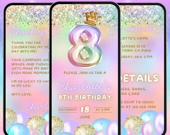 8th birthday party digital invitation, girls unicorn glitter video evite, Canva editable template, A97