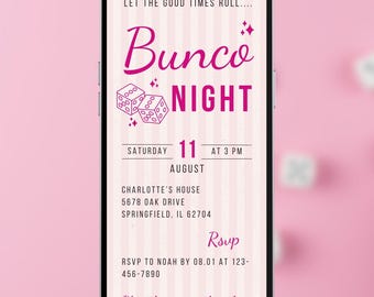 Bunco night digital invite pink dice ladies party animated phone invitation template girls game event video evite social media flyer A217
