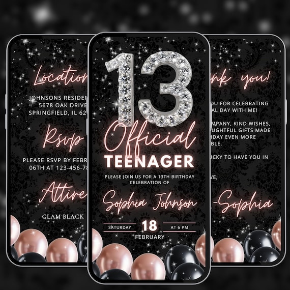 13 year old girl birthday invite diamonds glitter teen bday party video evite glam balloon 13th thirteen cute digital editable template A31