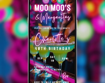 Moo Moos & margaritas birthday invite luxury pink ladies night animated digital invitation template glam girls pajama party video evite A214