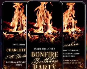 Convite para festa de aniversário com fogueira. Convite digital em vídeo para evento de verão. Para homens, mulheres e adultos de todas as idades. Modelo editável do Canva. A136