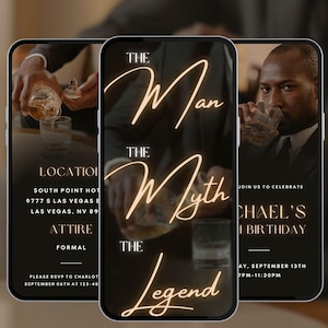 Invitation photo homme l'homme mythe 30e 40e 50e anniversaire numérique inviter papa 60e 70e anniversaire de mariage vidéo evite luxe whisky A114