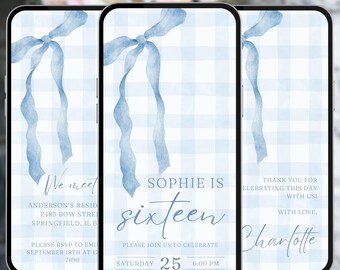 Blue bow sweet sixteen birthday digital invitation, girls video evite, Canva editable template, A63
