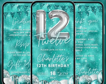 Teal blue 12th birthday party digital invite, tween video evite, editable Canva template, A03