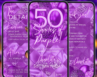 50 Shades of Purple 50th birthday video invitation women dinner digital invite glitter balloon event flyer phone evite Canva template A233