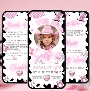 Space cowgirl birthday invitation pink rodeo disco ball video evite 70s girl dance party digital phone social media farm hippie invite A67