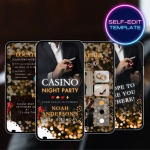 Invitation anniversaire poker fête d'anniversaire adulte, invitation ace cartes à jouer thème téléphone modèle vidéo d'animation hommes nuit casino evite numérique A28