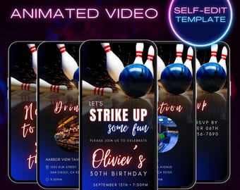 Bowling birthday party invites, adult bowling invitation, bowling party evite, lets strike bowling party phone animated video template