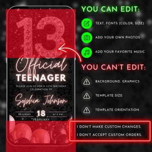 evite glam balloon 13th thirteen digital editable template