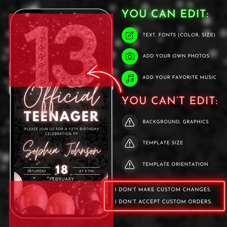 evite glam balloon 13th thirteen digital editable template