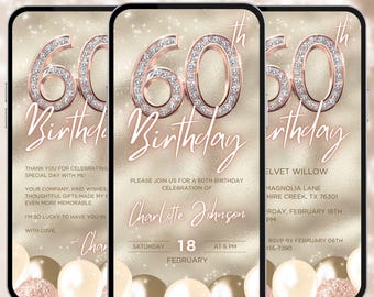 Champagne pink gold 60th birthday digital invitation, women dinner video evite, editable template, A58