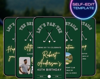 Self-edit digital birthday golf party invite, golf theme birthday let's partee invite, trendy mobile animated video digital template, 40th