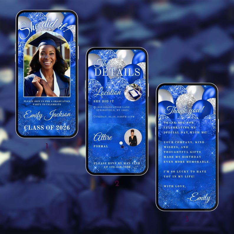 Royal Blue Silver Balloon Grad Party Video Invite Send off Graduation ...
