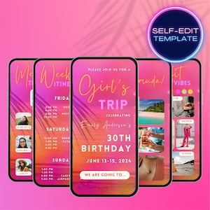 Self-edit girls trip birthday weekend digital itinerary animated video invite mobile template, pink orange travel itinerary invitation