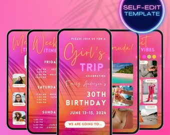 Self-edit girls trip birthday weekend digital itinerary animated video invite mobile template, pink orange travel itinerary invitation