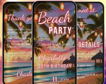 Beach party birthday video evite adult bday event social media invite summer theme celebration digital invitation pink editable flyer A112
