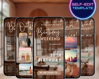 Tulum Mexico birthday weekend invite, birthday girls trip planner template, digital animated video invite, travel itinerary phone evite