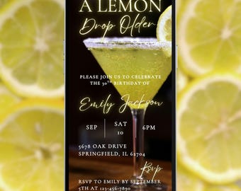 A lemon drop older birthday digital invitation, cocktails dinner video evite, editable template, A227