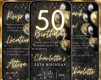 Black gold 50th birthday digital invitation, women dinner video evite, Canva editable template, A36