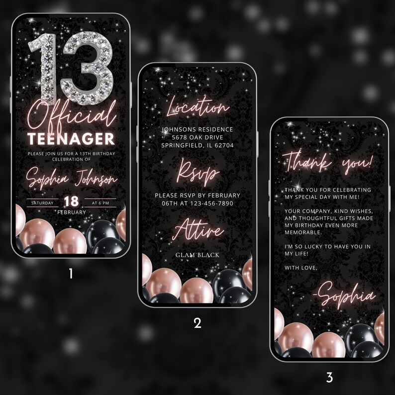 teen bday party video evite glam balloon 13th