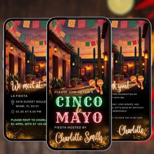 Puede incluir: Una invitación digital para una fiesta de Cinco de Mayo. La invitación presenta una escena de puesta de sol colorida con un pueblo mexicano y cactus. El texto dice "Por favor, únase a nosotros para una fiesta de Cinco de Mayo organizada por Charlotte Smith".