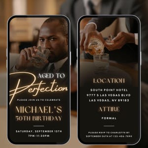 Invitation à un dîner de whisky pour les 50 ans vieilli à la perfection 30e anniversaire de mariage, invitation numérique virile pour homme, dépliant vidéo modifiable pour une soirée de dégustation pour homme A40