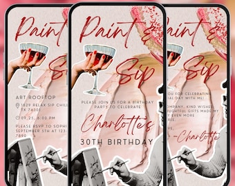 Paint sip birthday digital invitation, women wine art party video evite, editable template A236